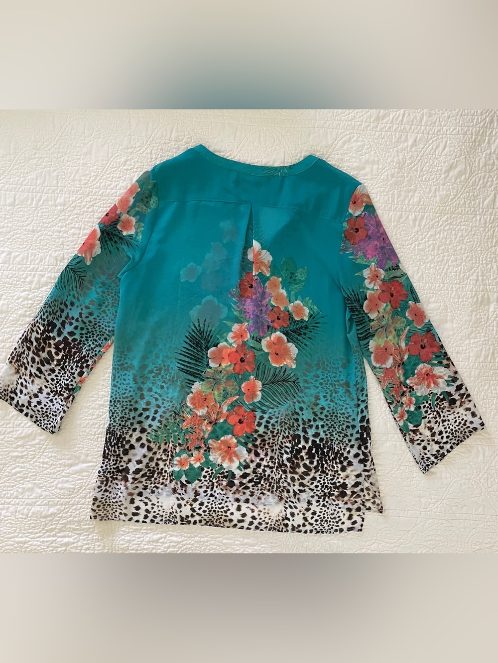 Soft Surroundings Teal Tropical Floral Cheetah Print Sheer Tunic Top Blouse Sz L - Picture 5 of 15